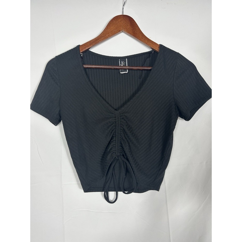 Vintage USA Black Cropped Rushed Lace Up Top Size M Fairycore Grunge Goth